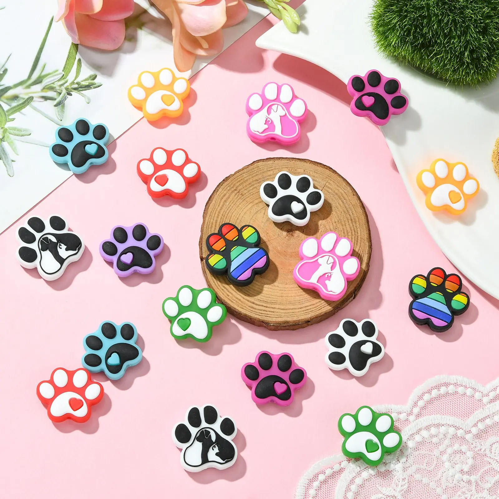 Pandahall 20Pcs Mixed Styles Silicone Animal Beads Colorful Dog Paw Bubblegum Beads Soft Pet Foot Print Beads for Jewelry Making