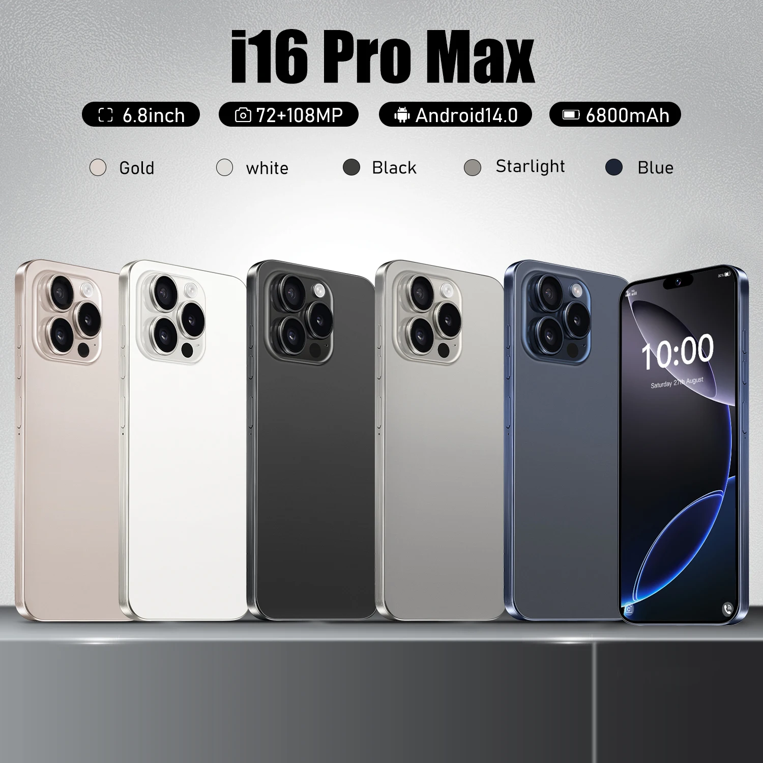 I16 Pro Max 2026 جديد حار 6.8 بوصة HD الإصدار العالمي الأصلي الذكية المزدوجة بطاقة 6800 مللي أمبير بطارية وظيفة التعرف على الوجه