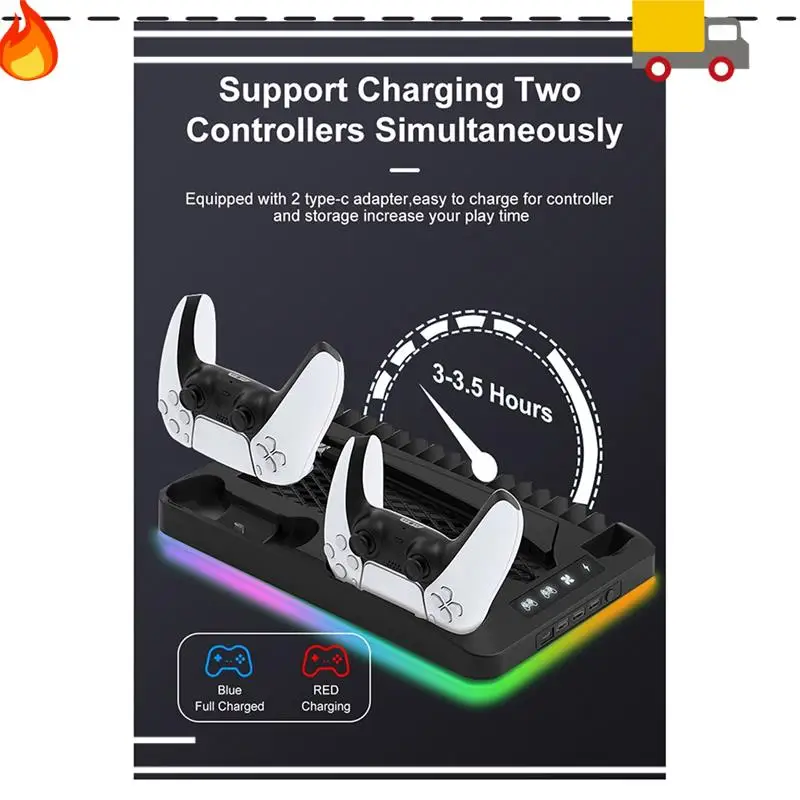 

For PS5 Host Heat Dissipation Base With 7 Color Light Effect Headphone Hook Game Disc Storage Rack For PS5 Handle Durable White