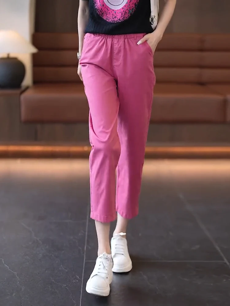 

Pink High Waist Thin Summer Casual Cotton Straight Leg Pants Women's Eighteen Shorts Korean Style Commute Style Pocket Detail