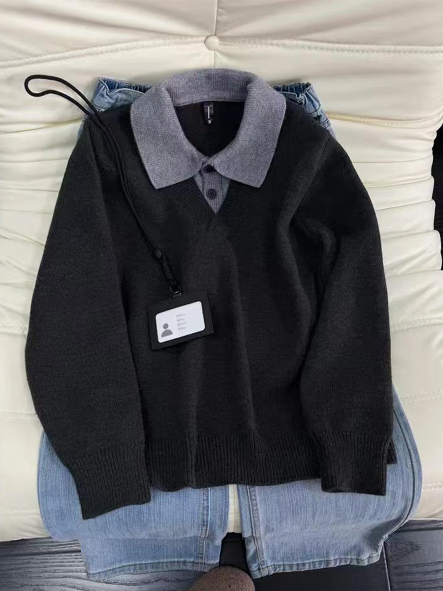 

Cleanfit Ne Knitwear Men's Winter Faion Lazy Old Money Sle Jaet False Two-Piece Sweater Comfortable Loose Fit Lo...