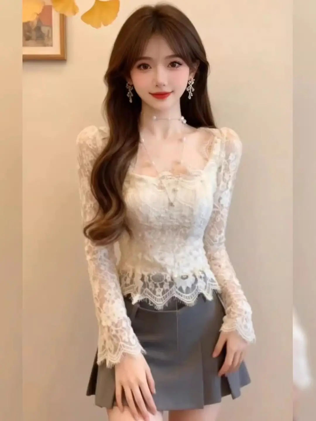 

Sweet Ele Square Collar Lace Base irt Women's New Spring High-End Unique Beautiful Top Korean Sle Organic Cotton Long...