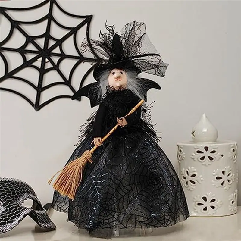 

ABZT Halloween Witch Decoration 11 Inches Witch Doll Halloween Veil Witch Doll Witch Hat and Witch Broom Green