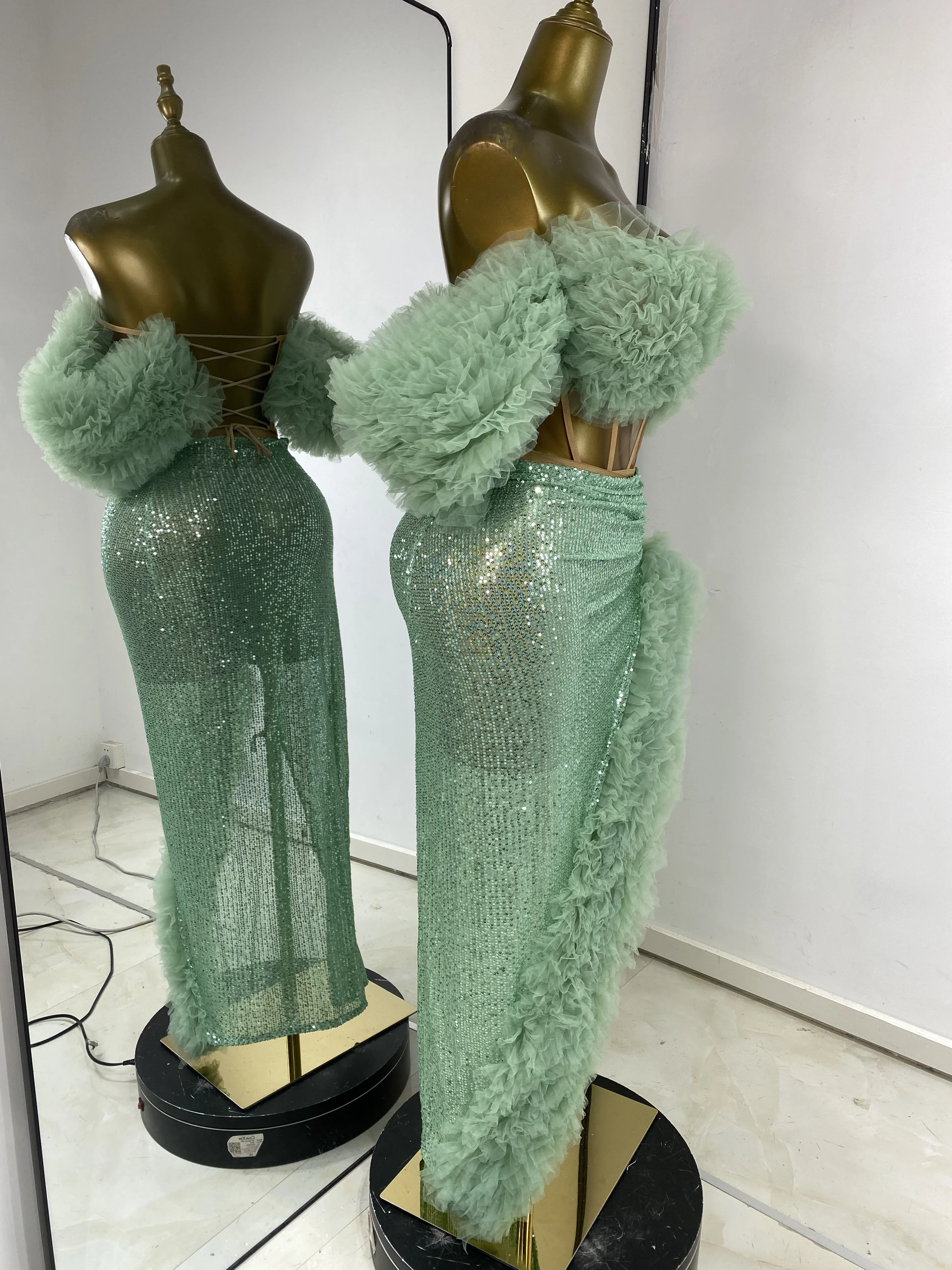 Women Puff Outfits Evening Club Party Off Shoulder Corset Top And Long Asymmetric Sequines Skirt Birthday Photoshoot Dress