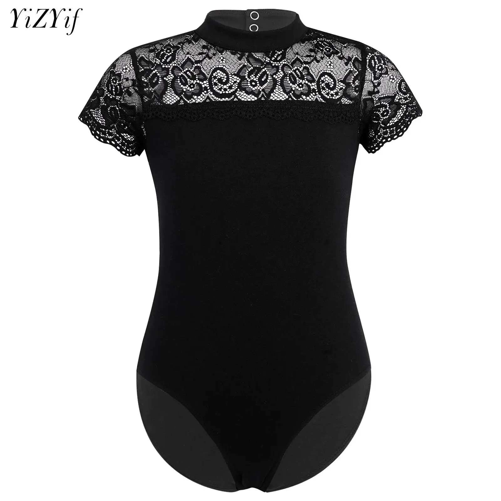 

Girls Ballet Leotards Mock Neck Hollow Back Gymnastics Leotard Lace Short Sleeve Bodysuit Kids Dance Leotards for Girls