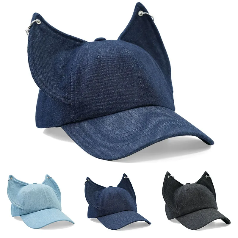 2026 New Personalized Y2k Girl Sweet Cute Stereoscopic Cat Ears Design Niche Denim Hat Cool Hip Hop Cap Versatile Baseball Caps