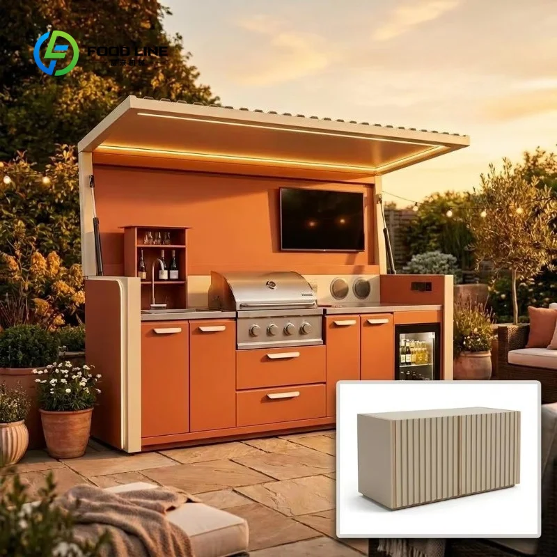 Customized Outdoor Use Modular Folding Stainless Steel BBQ Kitchen Cabinet with Grill Sink Fridge LED Space-Saving Design