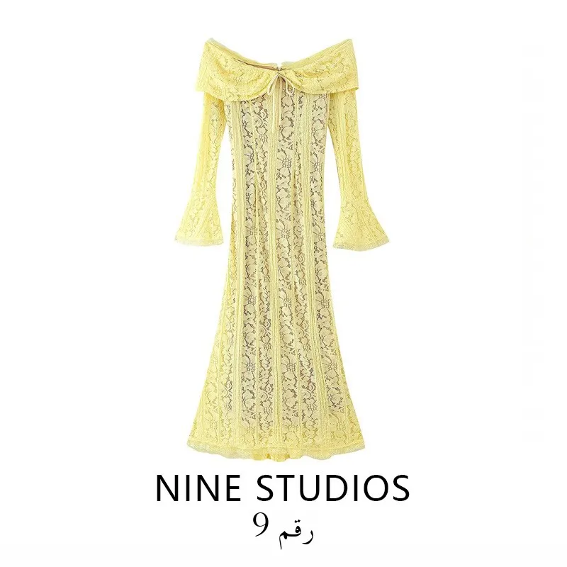 

NINE ZA Women's Long Dr Lace Splice oulder Bared One-oulder Neline Long Sve Inner Garment Universal Season