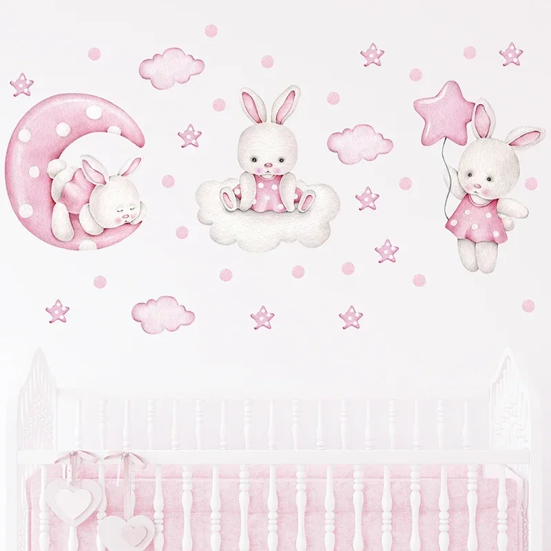 Watercolor Soft Pink 3 Bunnies Rabbit Moon Clouds Stars Wall Stickers for Kids Room Baby Nursery Room Wall Decals Home Decor PVC