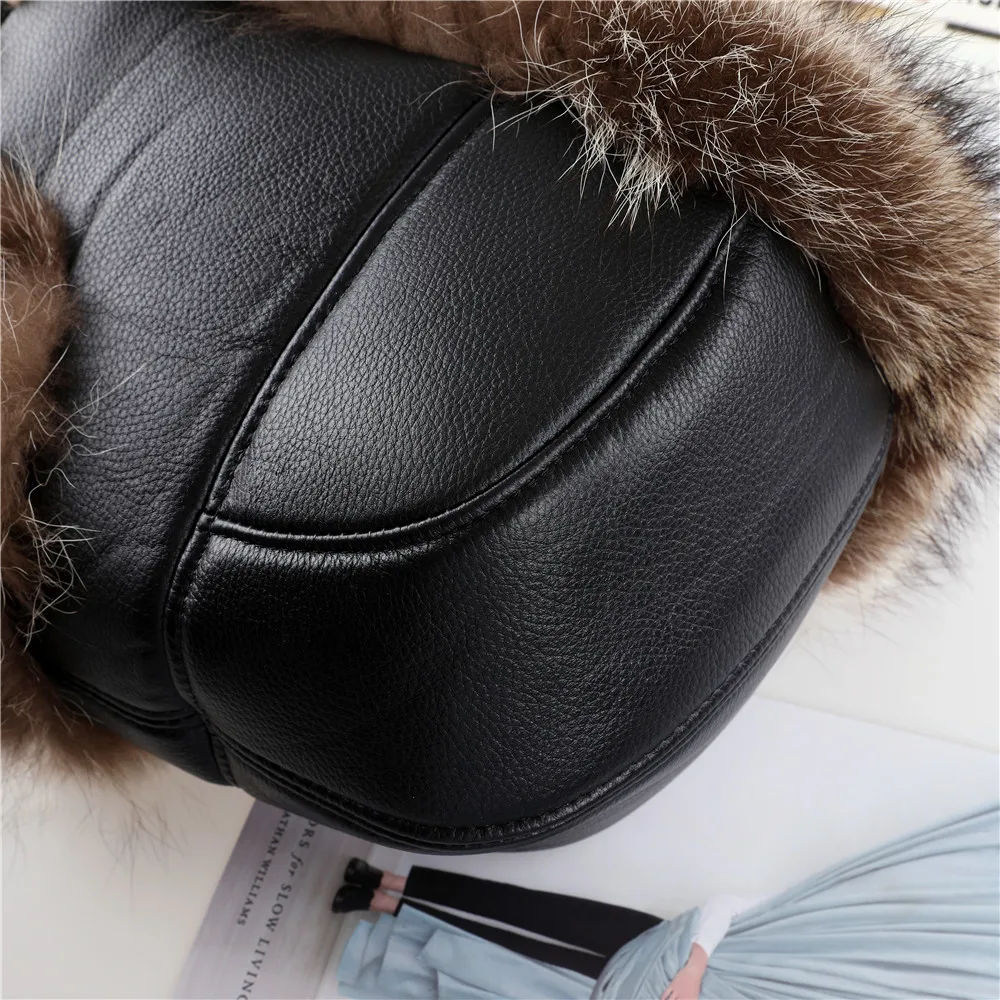 Winter Men\'s 100% Real American Raccoon Fur Bomber Hat Ushanka Cap Trapper Russian Man Ski Hats Caps Real Leather