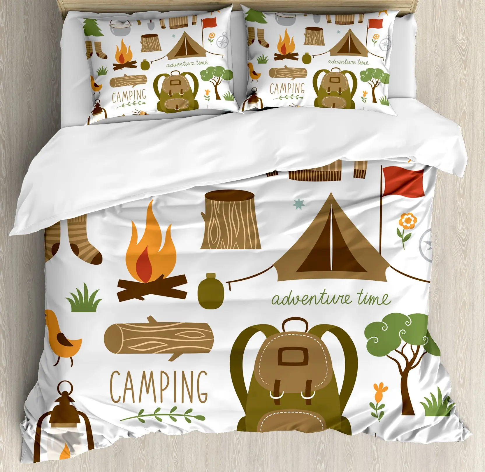 Adventure Duvet Cover Camping Equipment Sleeping Bag Boots Campfire Shovel Hatchet Log Art Print Decorative White Khaki Adults