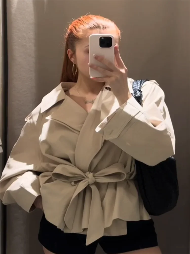 

Lace Up Belt Women 's Trench Coat Elegant Lapel Drop Shoulder Waist Cinched Full Sleeve Windbreaker Female Autumn Streetwears