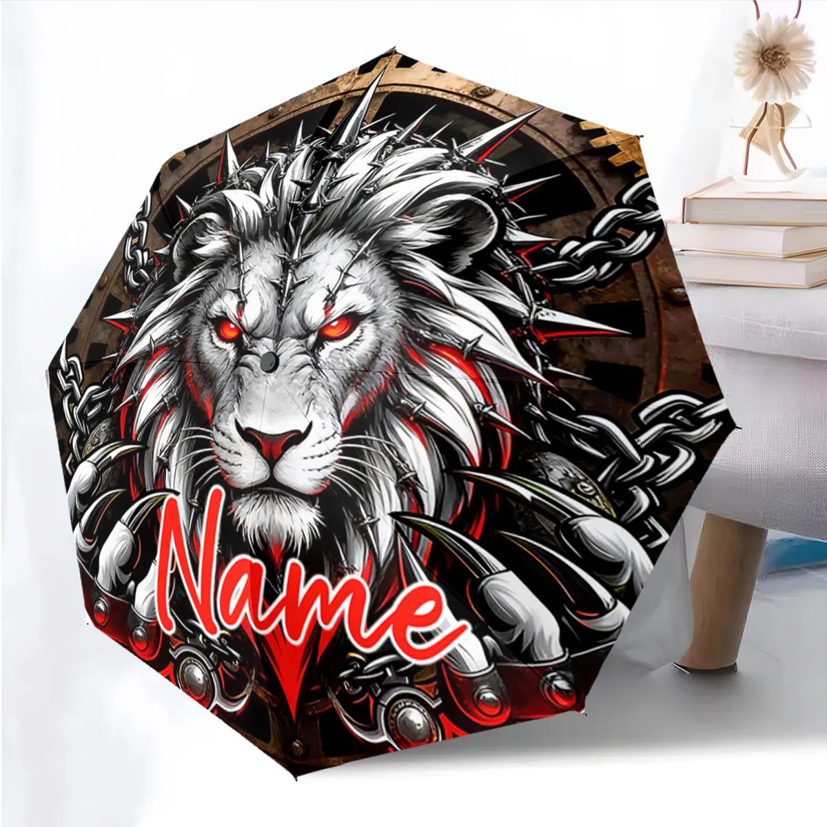 Custom Name Umbrella Fierce Lion Design Umbrella Print 8 Iron Ribs Folding Umbrella Auto-Open Fashion Sunshade