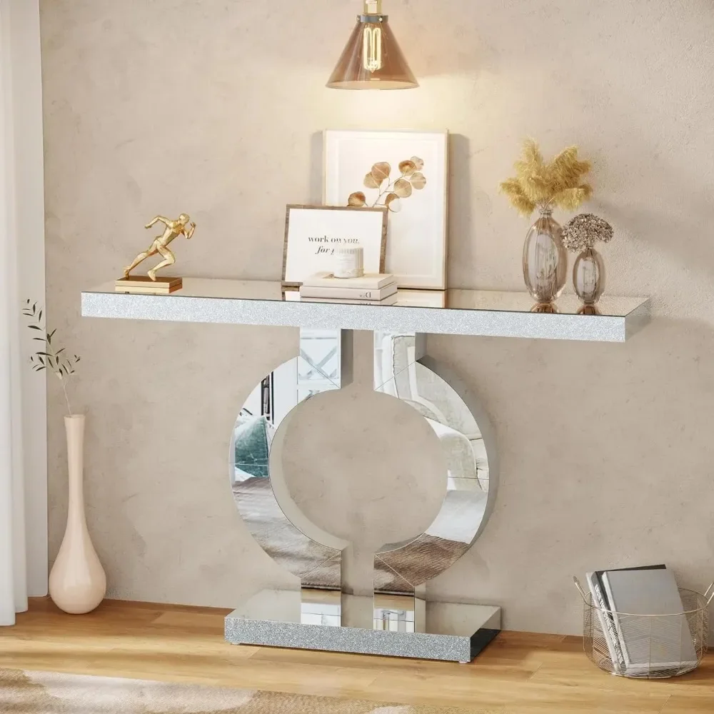 Mesa de consola con espejo y Base en forma de O para sala de estar, mesa de sofá de cristal de entrada moderna de 43 pulgadas con acabado de espejo, plateada