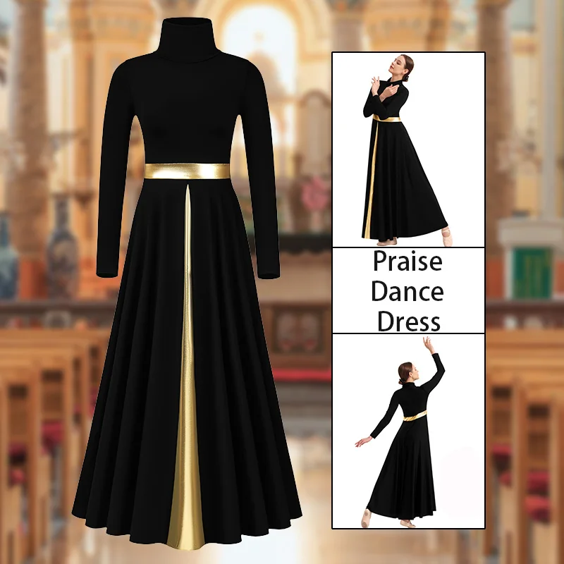 فستان رقص حديث مدح برقبة عالية وأكمام طويلة للنساء والفتيات ملابس رقص فضفاضة مناسبة لعبادة الكنيسة المعدنية الليتورجية
