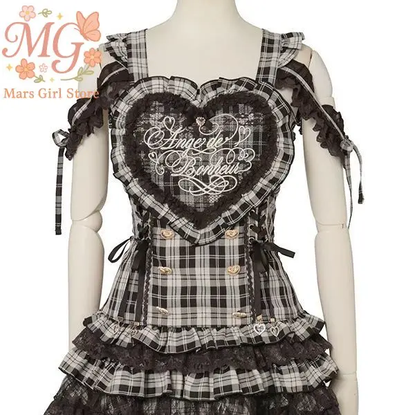 

Милое японское клетчатое кружевное платье-джемпер в стиле Лолиты с вышивкой в виде сердца и юбки, комплект из 2 предметов, милое кавайное платье принцессы массового производства