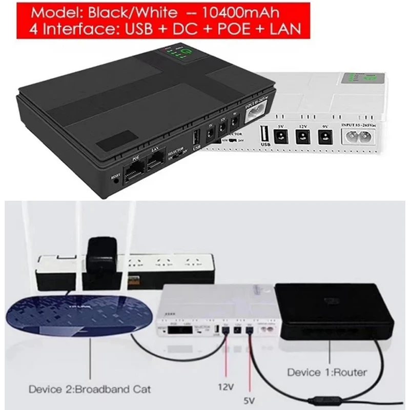 

Router Optical Cat Built-in Adapter 10400mah Battery Power Supply UPS Uninterruptible Backup 5v 9v 12v DC Mini Output Wifi Power