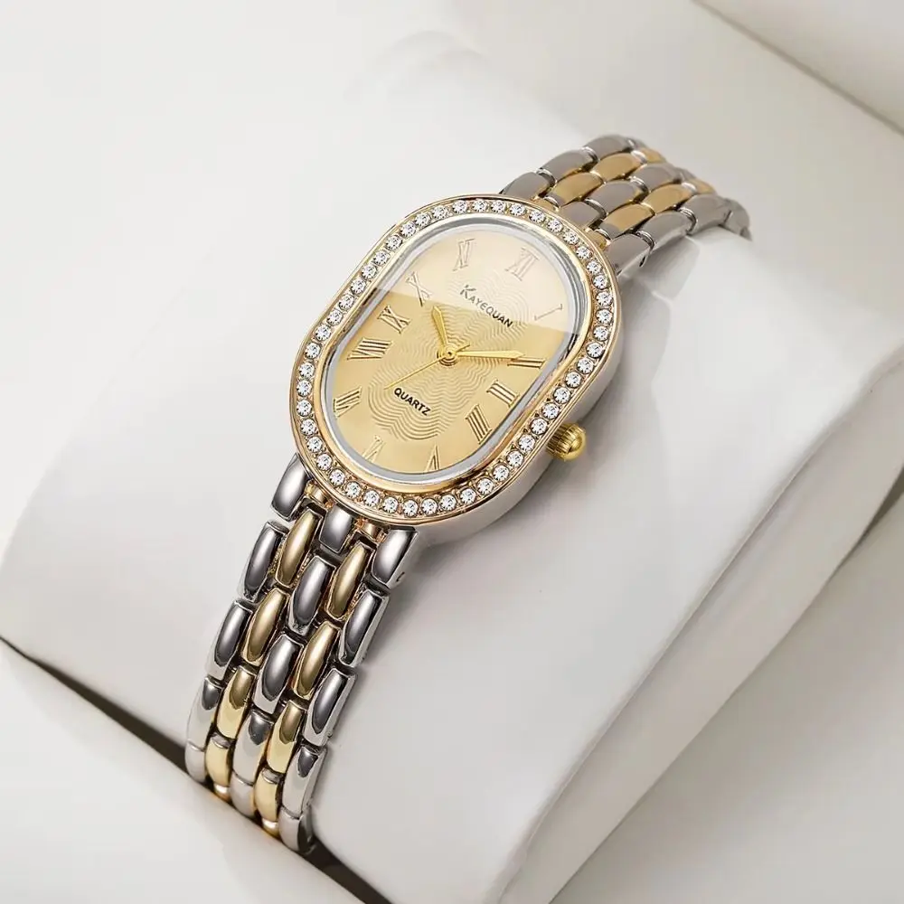 Oval Dial Women's Quartz Watch Minimalist Rhinestone Encrusted Vintage Female Clock Elegant Adjustable Fashion Jewelry Watch