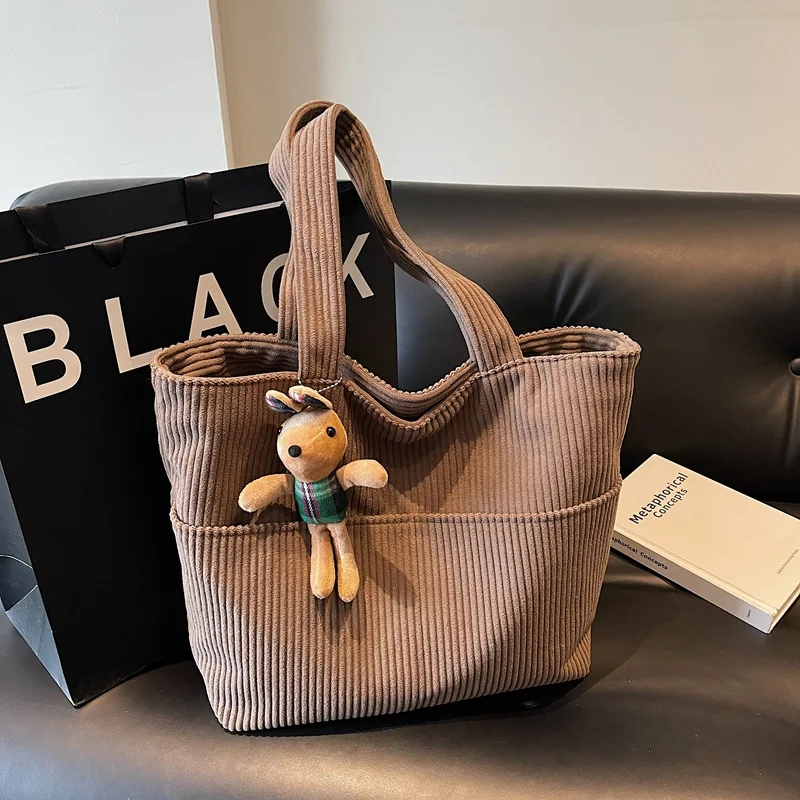 

New Winter Corduroy Tote Bag Large Capacity Shoulder Bag for Women College Students Commute Versatile Texture Bags for Travel