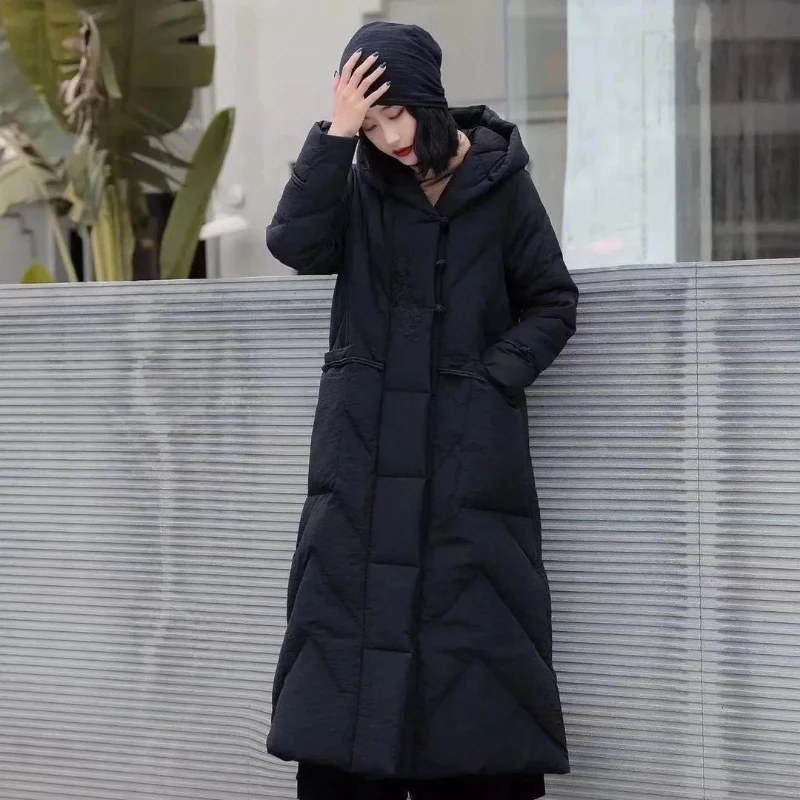 2025 Winter New Hooded Loose Cotton Padded Retro Chinese Style Coat Women's Thicken Warm Long Overcoat Female Cotton Parka