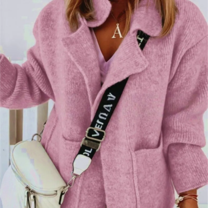 

New Fashionable Women's Sweater Solid Color Autumn Winter Loose Casual Commuting Style Cardigan Long Sleeve Big Pocket Cardigans