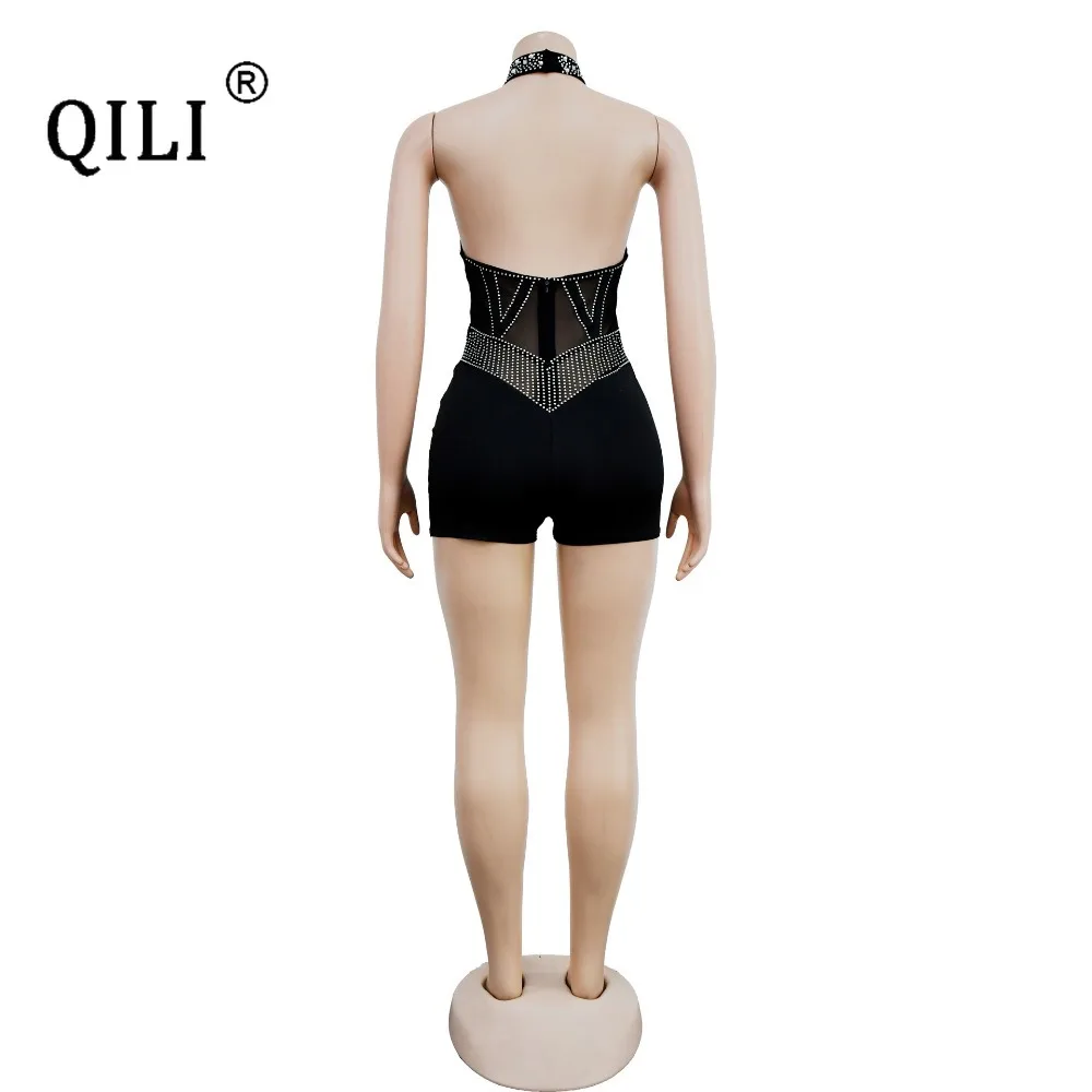 QILI-Pantalones cortos sin mangas con cuentas de burbujas de diamantes calientes de malla para mujer, Mono para peleles, ropa Sexy transparente Cub Wear