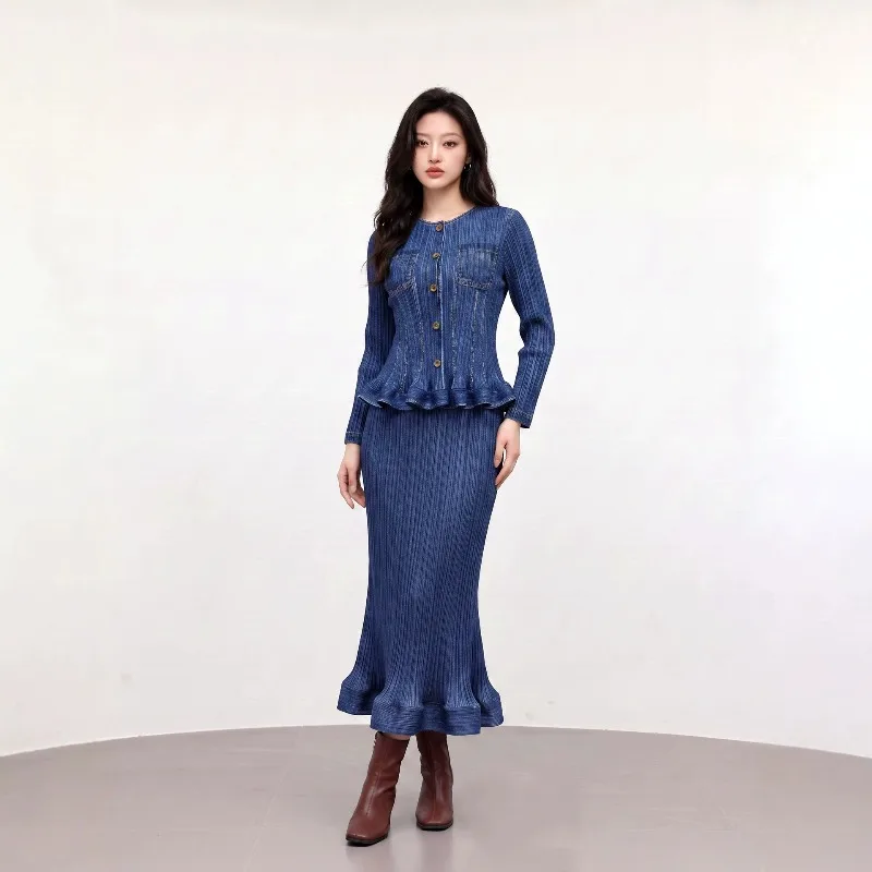 Miyake Pleated Skirt Set Plisse Women 2026 New Fold Round Neck Elegant Faux Denim Set Stylish Commuting Versatile Pleats Set