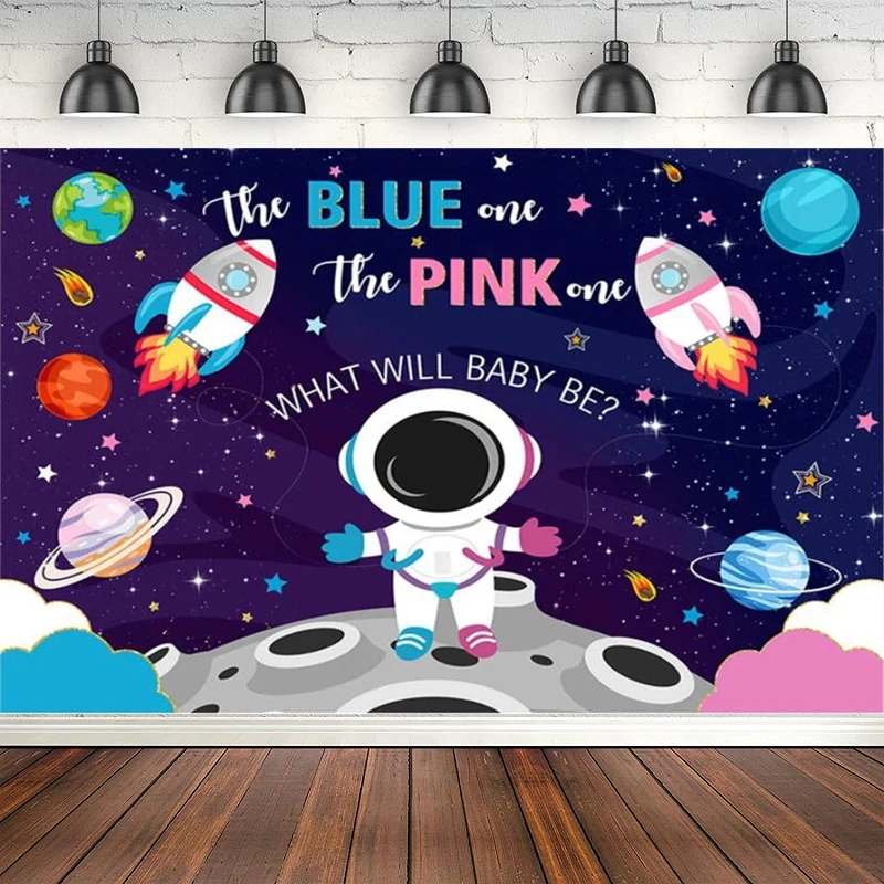 

Outer Space Gender Reveal Photography Backdrop Astronaut Rocket Blue Or Pink Party Background Banner Planet Galaxy Poster