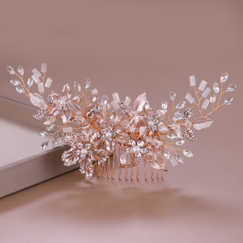 Modne różowe złoto Rhinestone ślubne grzebienie do włosów akcesoria do włosów dla nowożeńców kryształowa chluba ozdoby do włosów ślubna biżuteria do włosów — zdjęcie 3