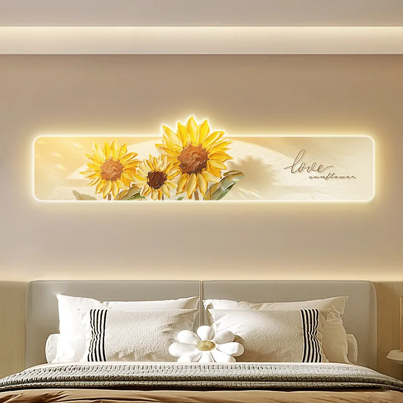 Sunflower Wall Art for Bedroom Nordic Cream Style Painting Above Bed Cozy Master Bedroom Decor Living Room Canvas Art with Light