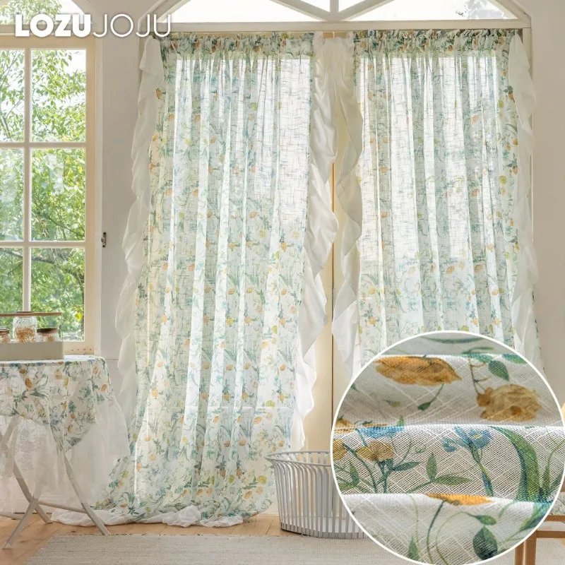 

American Style Flowers and Plants Curtains for Living Room Bedroom Dining Room Printed Translucent Gauze Curtain Shading Curtain