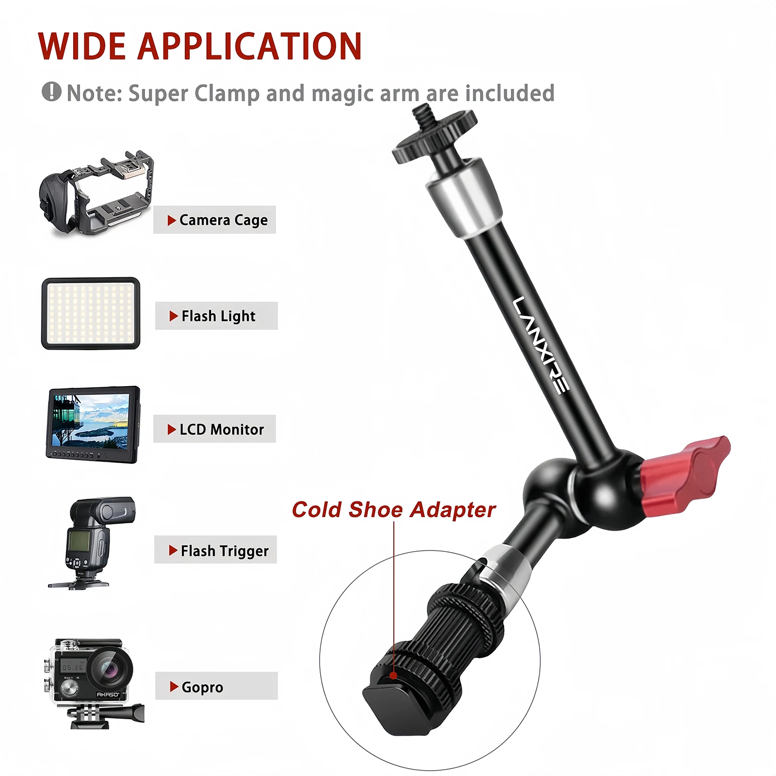 LANXIRE Ajustável Fricção Braço Mágico com 1/4 "Parafuso e Sapata Fria Mount, Adaptador para Camera Cage, Monitor, Flash Light, 9"