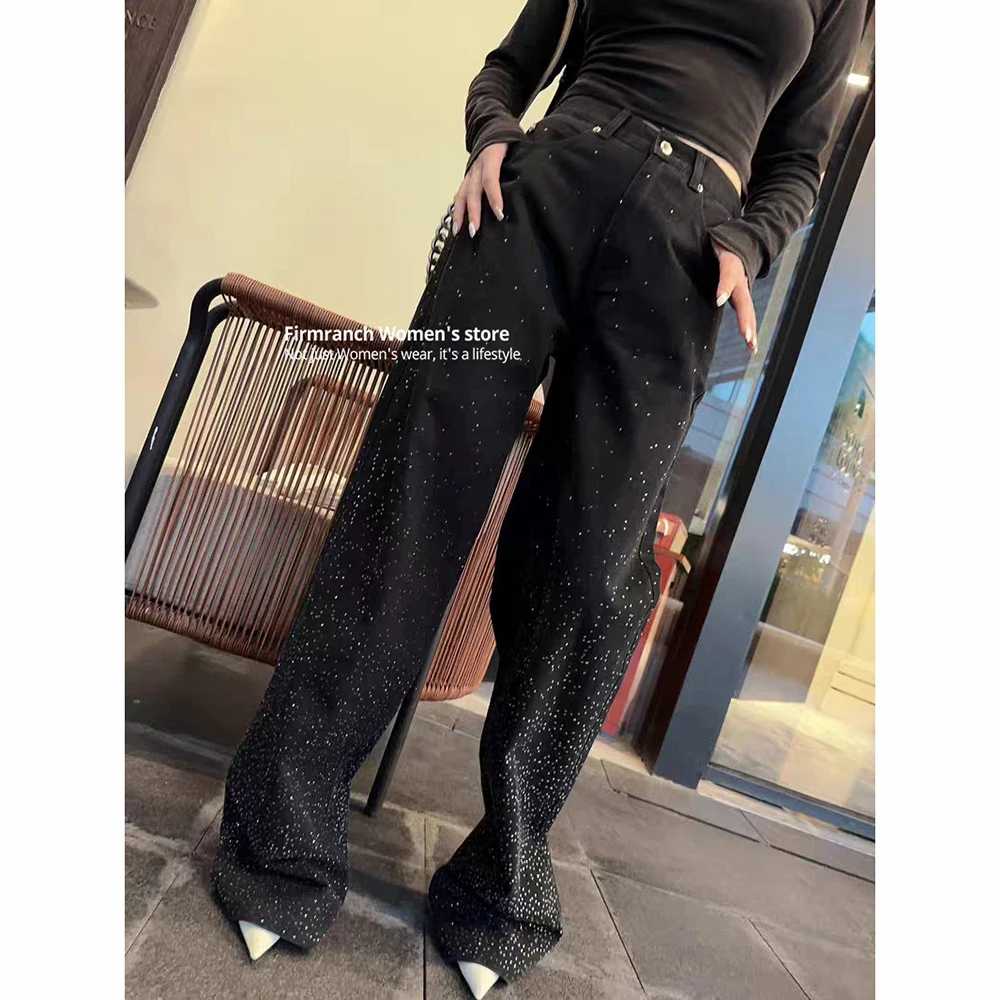 Firmranch New Women's Black Starry Sky Rhinestone Jeans Extended Length Denim Pants Chic Streetwear Shining Diamond Trousers