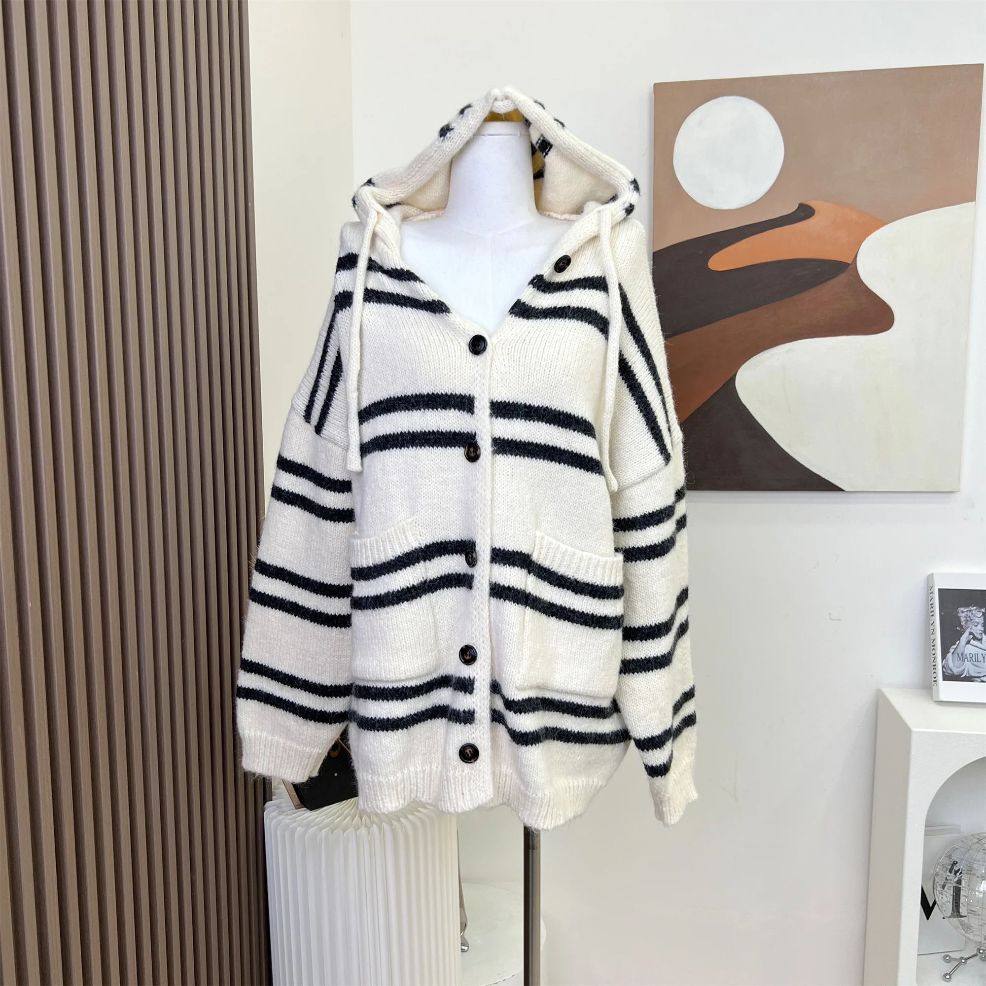 Casual Loose Coats Sweaters Hooped Pockets Striped Single Breasted Cardigan Y2k Harajuku Vintage Oversized 2024 Women Clothing