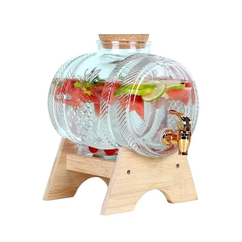 1L Glass Whiskey Barrel Wine Barrel Beer Bottle Fruit Aging Alcohol Honey Storage Container With Base Faucet Barware view 2