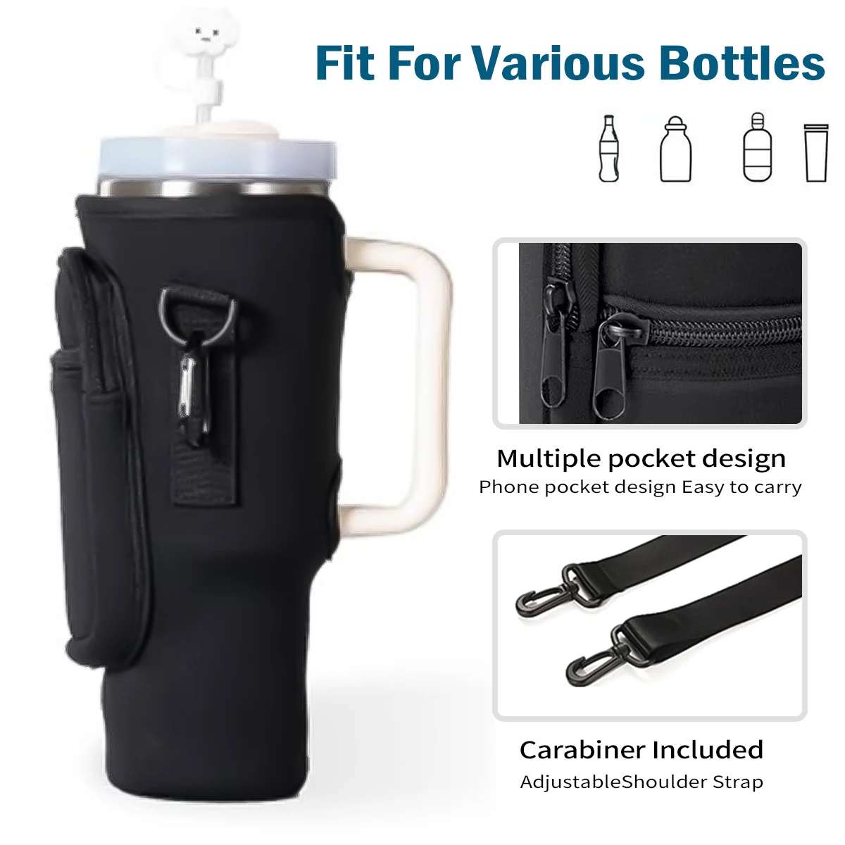 Leeseph Water Bottle Carrier Bag for Stanley 40oz Tumbler with Handle Water Bottle Pouch with Adjustable Shoulder Strap