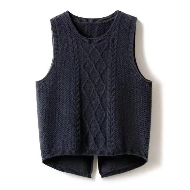 니트 조끼 여성용 단색 트위스트 라운드 넥 짧은 봄 가을 민소매 스웨터