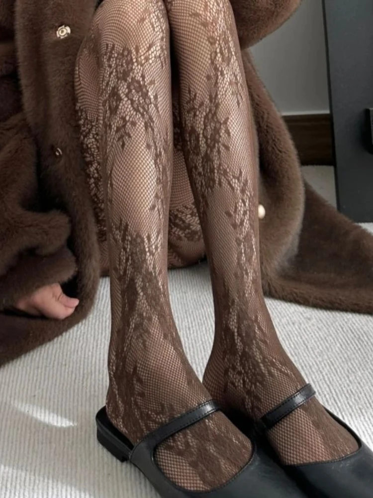 

New Coffee Tights Women's Summer Thin Y2K Subculture Fishnet Stockings Sexy Spicy Girls Versatile Floral Lace Jacquard Pantyhose