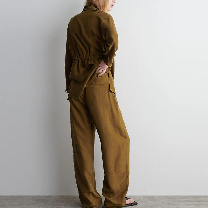 새틴 솔리드 하이웨이스트 출퇴근 정장 우아하고 편안한 가을 투피스 세트 패션 브이넥 긴팔 상의와 바지 세트