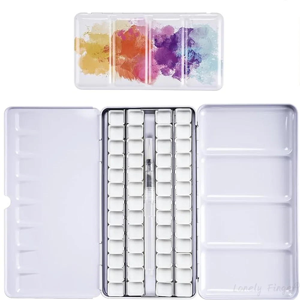 Metal Water Color Tin Box with 52 Empty Half Pans and 1 Water Pen，Fold-out Mixing Painting Tray-Portable Travel Palette