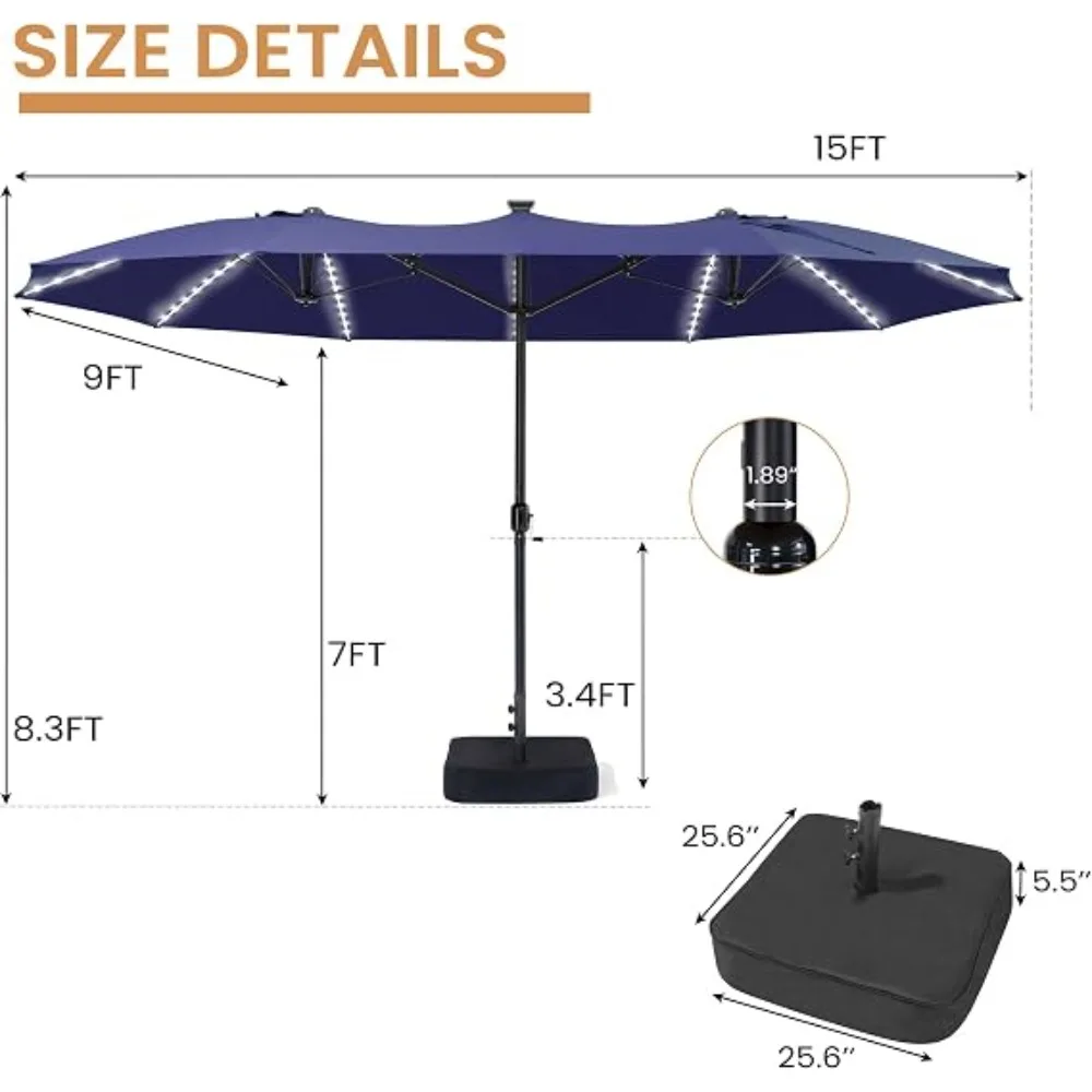 15FT Large Patio Umbrella with Base, with 144 LED Solar Lights | Double Sided Outdoor Umbrella with Fillable Base