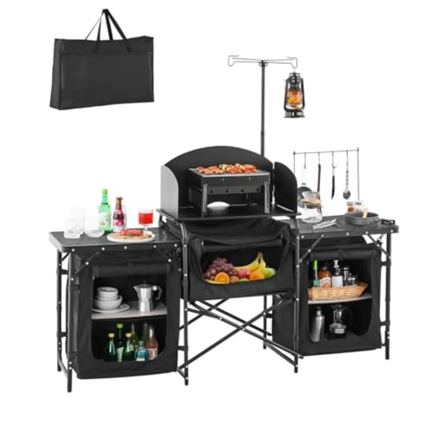 Camping Cooking Bag - キャンプキッチンテーブル、屋外キャンプクッキングテーブル、3つの収納棚付きアルミ製ポータブルクックステーション、キャリーバッグ、分解可能