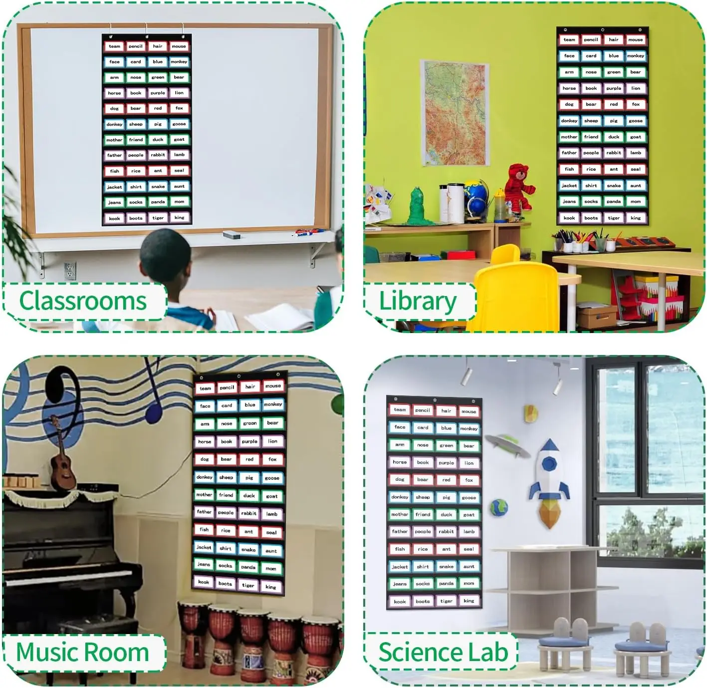 مخطط جيب لكلمات الفصل الدراسي مع 12 جيبًا شفافًا، مخطط جيب قياسي أسود للفصل الدراسي والمنزل لشرائط الجملة