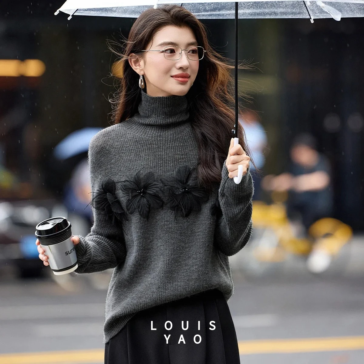 

LOUISYAO High-Neck Base Layer Sweater 2025 Fall/Winter 3D Floral Long-Sleeve Slightly Stretch Women's Knitted Sweater