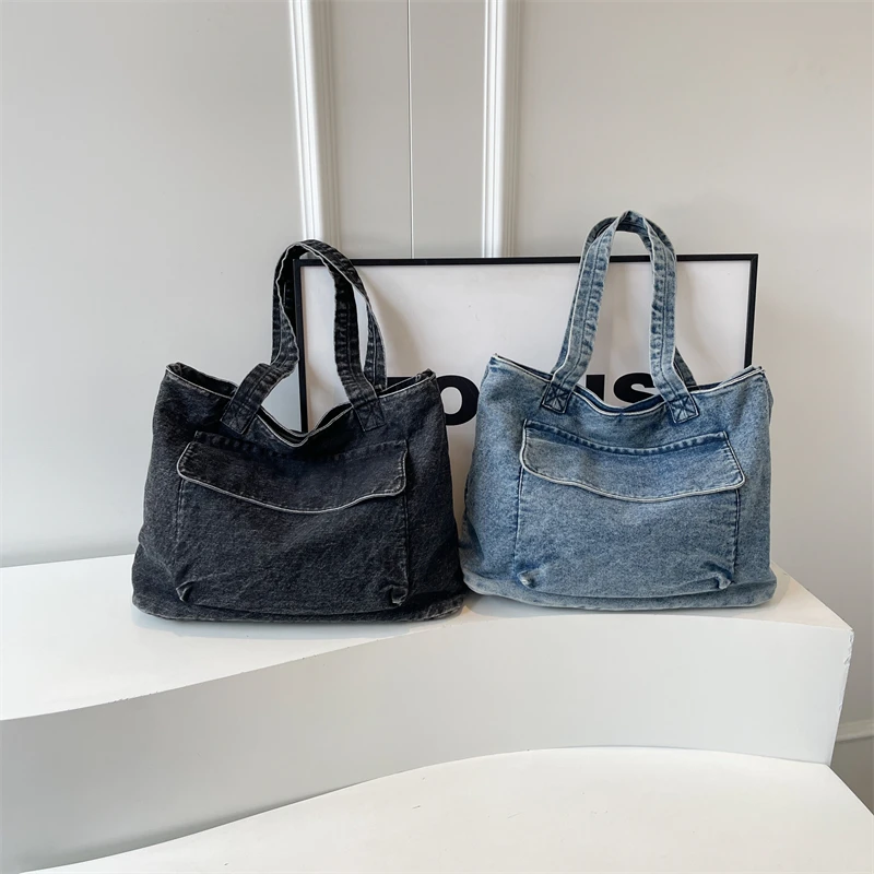 Sacolas de bolso com zíper interior monocromático para mulheres, compartimento interior macio, bolsas jeans de alta qualidade, 2024