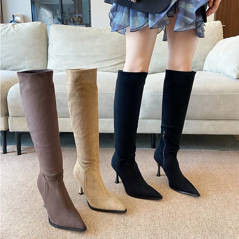 

Женские сапоги до колена, осень-зима 2021, новый стиль, замшевые женские сапоги на высоком каблуке с острым носком на тонком каблуке