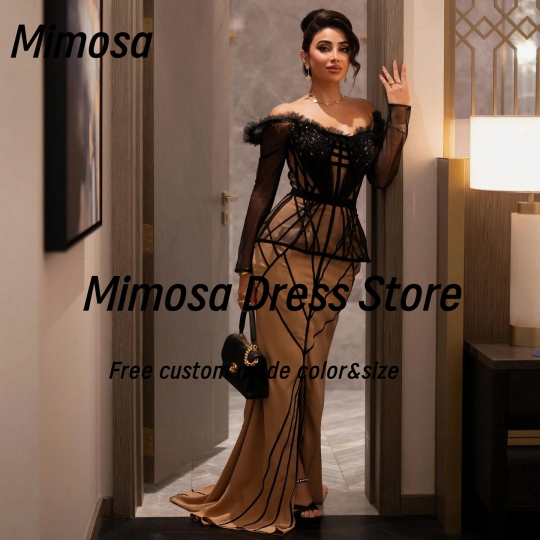 ميموزا فساتين لحضور الحفلات الموسيقية بألوان متباينة مكشكشة مطرز بأكمام طويلة فساتين سهرة بفتحة أمامية مناسبة مخصصة للحفلات