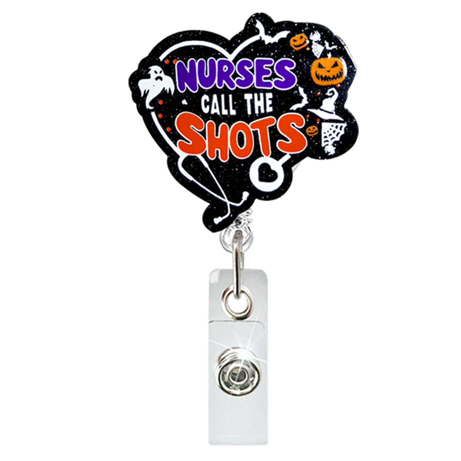 Acrylic Glitter Halloween Ghost Pumpkin Cat Retractable Badge Reel Rotating ID Badge Holder Crocodile Clip for Doctor and Nurse