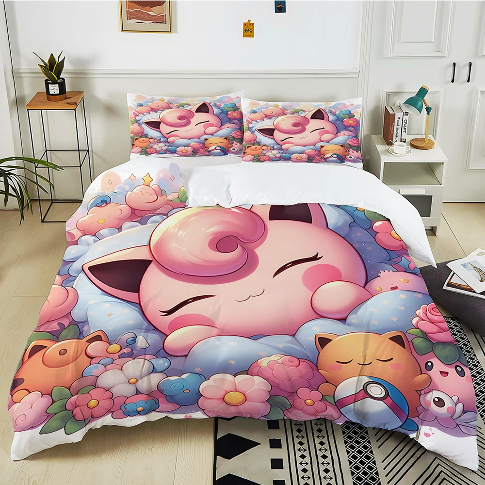 Pokemon Jigglypuff Print Pink Bedding Set 3PC 1 Duvet Cover 2 Pillowcases Adult and Kids Bedding Set Luxury Bed Comforter Set