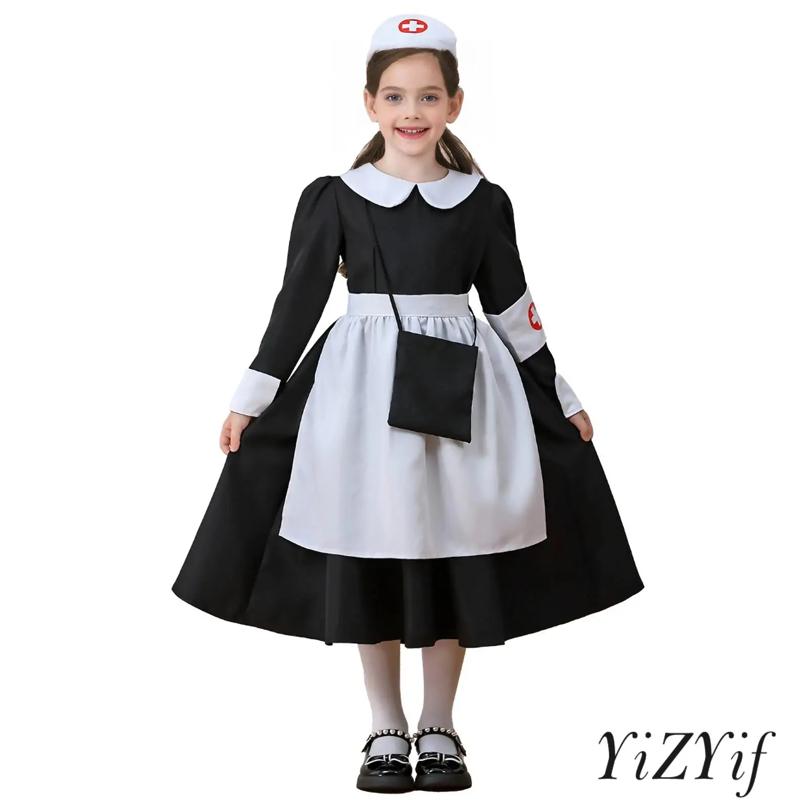 

Kids Girl 4Pcs Nurse Costume Long Sleeve Back Invisible Zipper Ruffled Dress And Matched Cross Print Headwear Armband And Apron